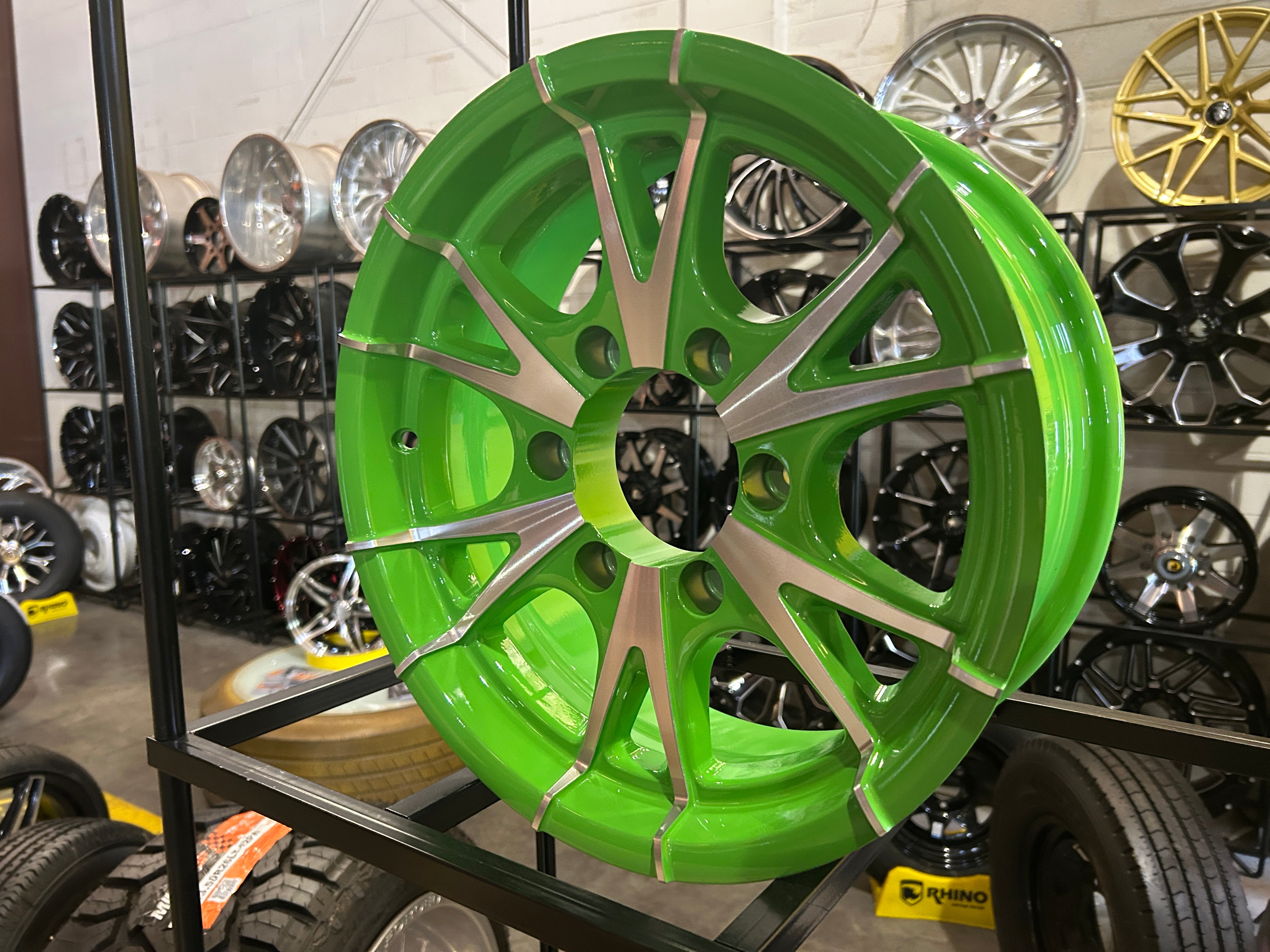 15x6 Trailer Wheel 6 Lug (6x5.5) Aluminum Green Machined — Rhino CW516 — TireGuru item CW516GM