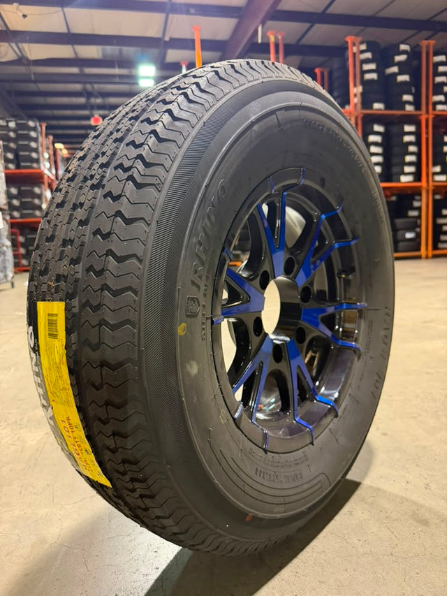 1PC Rhino ST Trailer Tire & Wheel Assembly ST225/75R15 10PR on 15x6 6x5.5 Black and Blue Machined Face