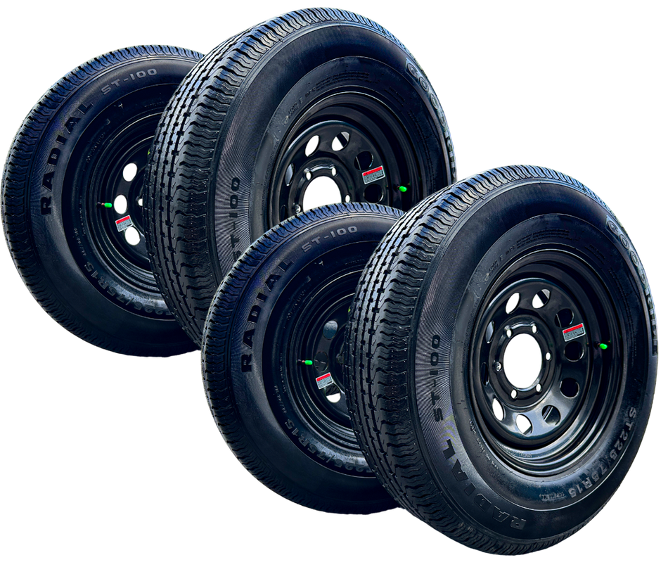 SRT OF 4 GOODRIDE ST100 225/75R15 10PR Trailer Tires on Rim 15X6 Black Modular