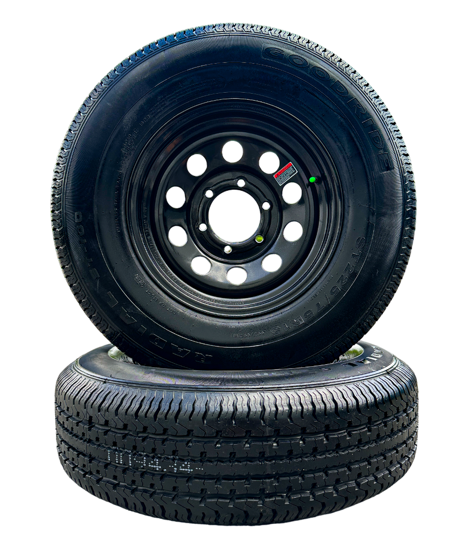 SRT OF 2 GOODRIDE ST100 225/75R15 10PR Trailer Tires on Rim 15X6 Black Modular