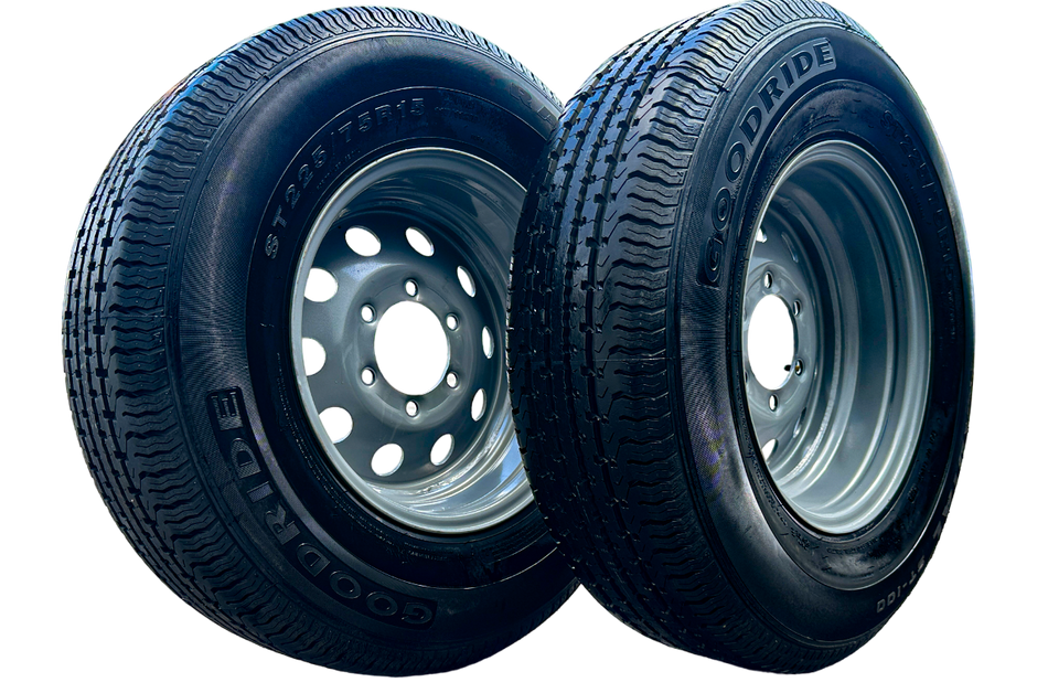 SET OF 2 GOODRIDE ST100 225/75R15 10PR Trailer Tires on Rim 15X6 Silver Modular