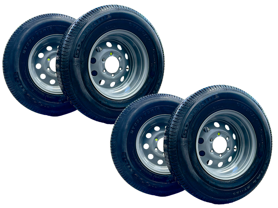 SET OF 4 GOODRIDE ST100 225/75R15 10PR Trailer Tires on Rim 15X6 Silver Modular