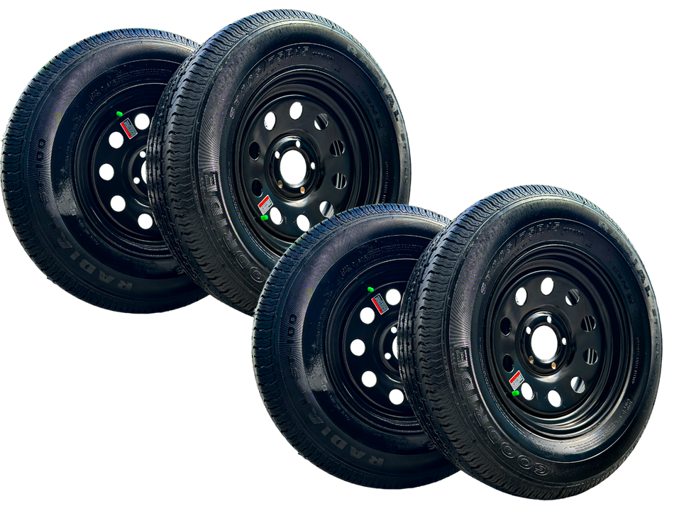 SET OF 4 GOODRIDE ST100 205/75R15 8PR Trailer Tires on Rim 15X5, 5X4.5 Black Modular