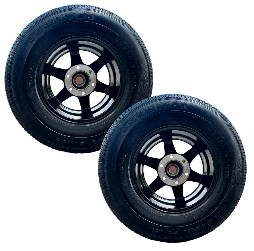 SET OF 2 GOODRIDE ST100 225/75R15 10PR Trailer Tires on Classic 601 BMF 6Lug Aluminum Wheel
