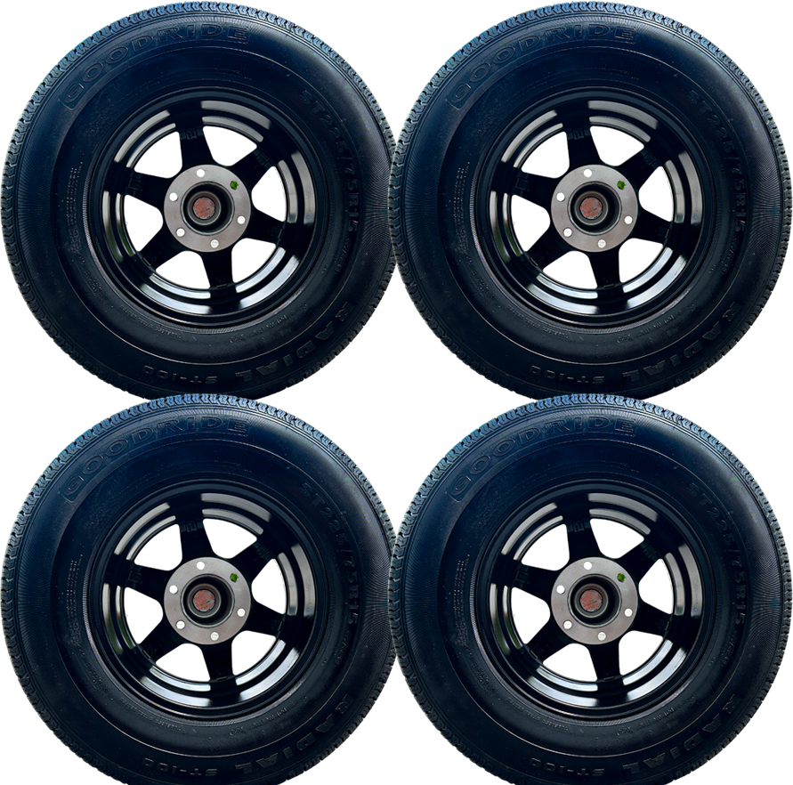 SET OF 4 GOODRIDE ST100 225/75R15 10PR Trailer Tires on Classic 601 BMF 6Lug Aluminum Wheel