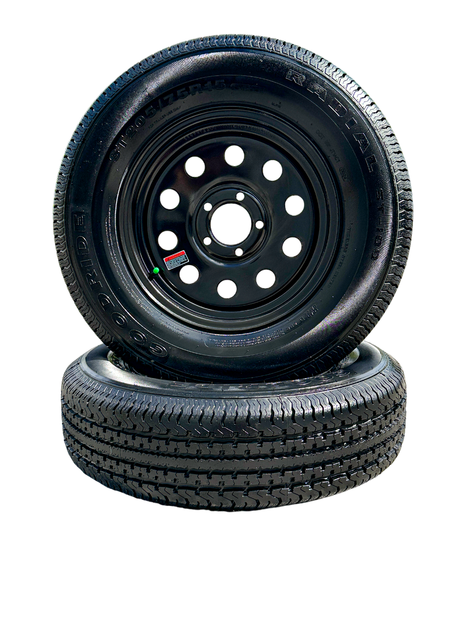 SET OF 2 GOODRIDE ST100 205/75R15 8PR Trailer Tires on Rim 15X5, 5X4.5 Black Modular