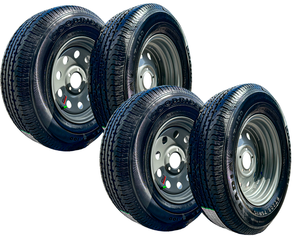 SET OF 4 GOODRIDE ST100 205/75R15 Trailer Tires on Rim 15X5, 5X4.5 Silver Modular