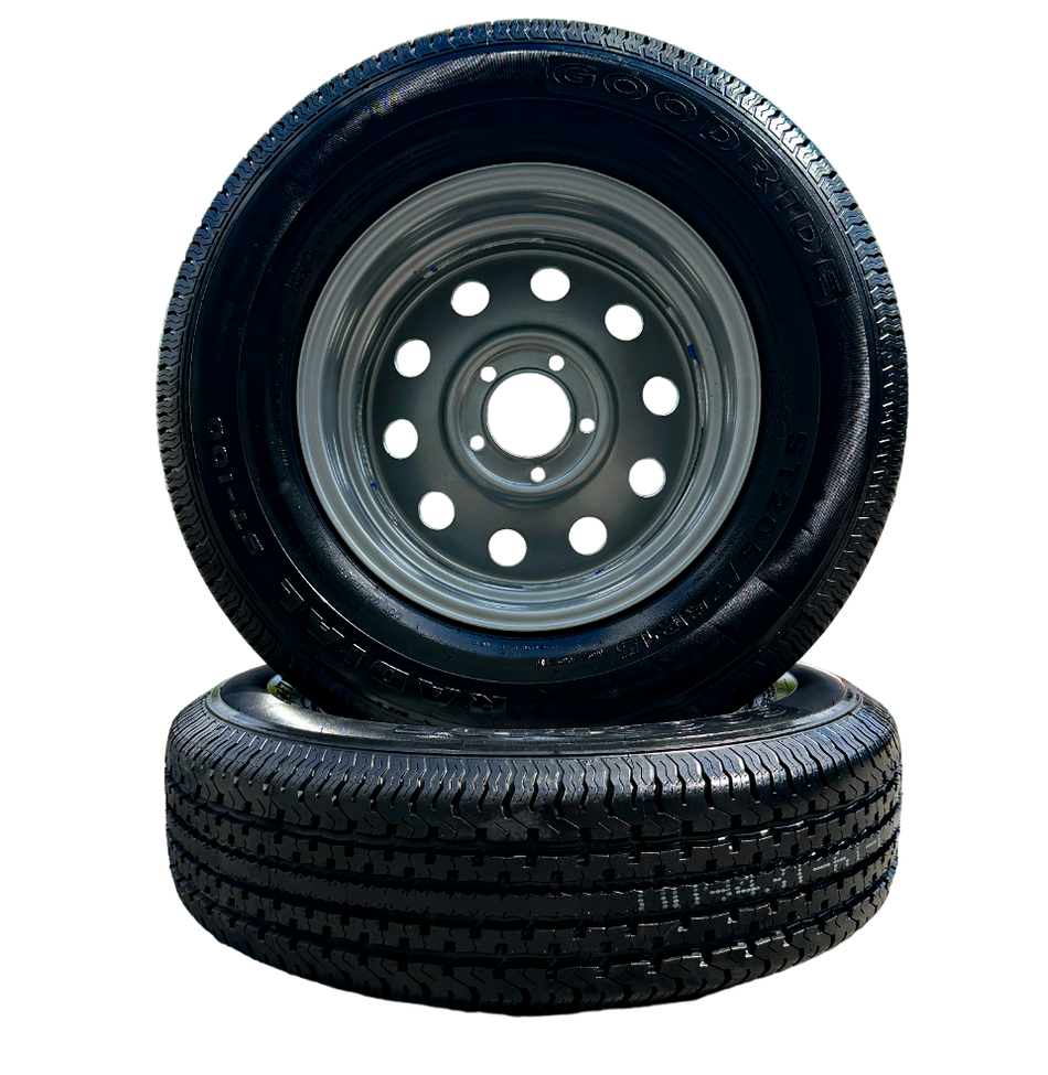 SET OF 2 GOODRIDE ST100 205/75R15 Trailer Tires on Rim 15X5, 5X4.5 Silver Modular