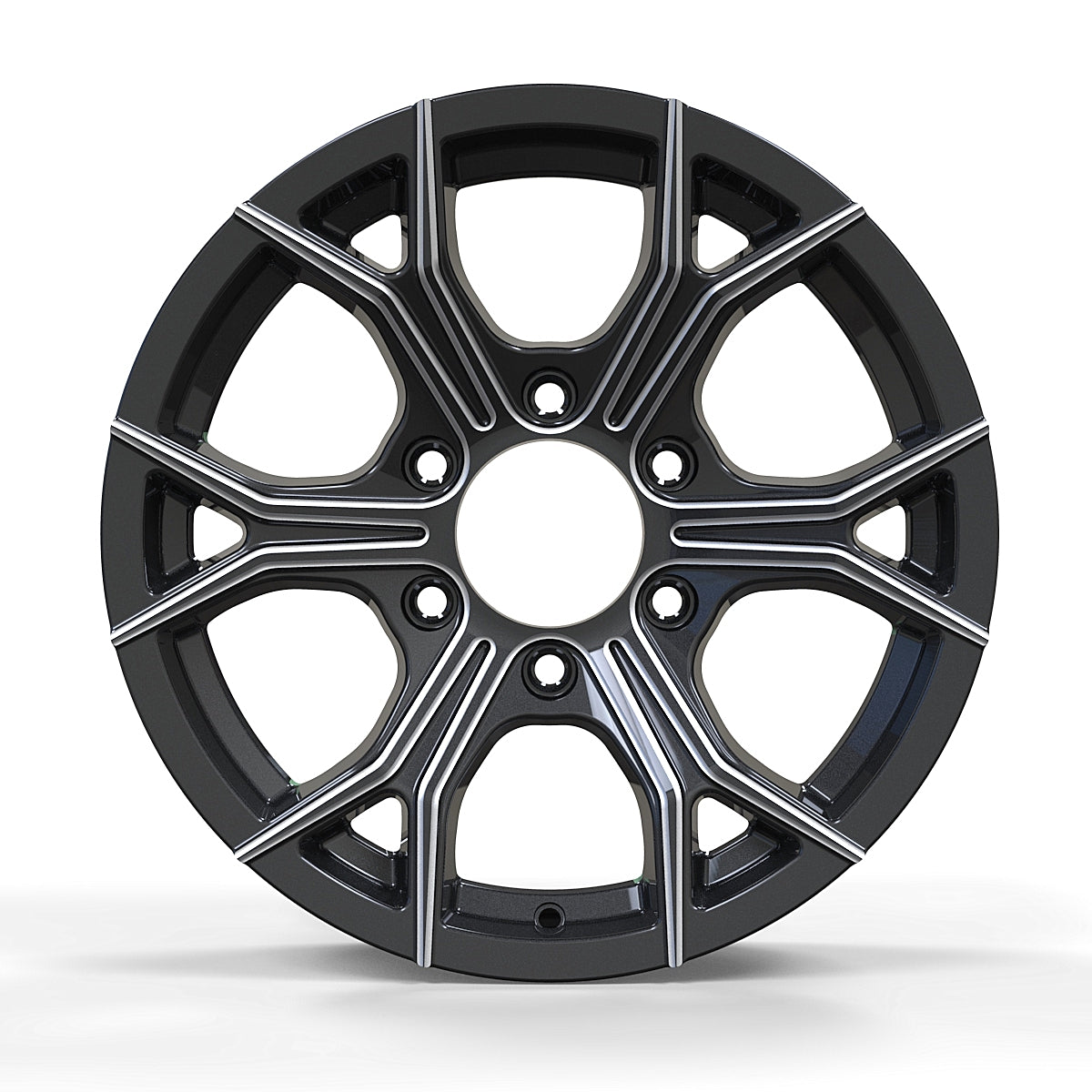 SET OF 2 CW617 16X6, 6X5.5 6-LUG RHINO Aluminum Trailer wheel, Black Machined Face