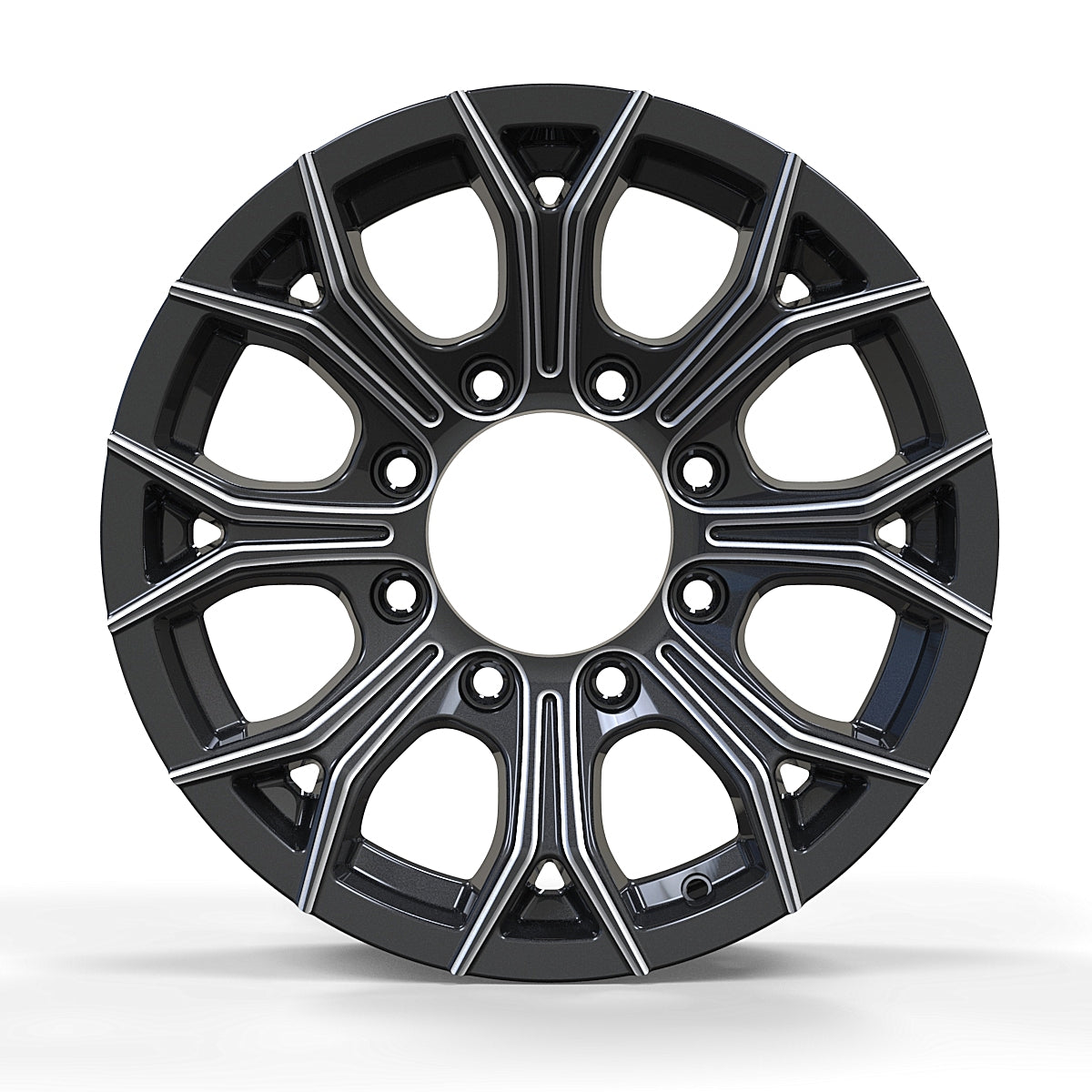 CW618 16X6, 8 Lug BLACK MACHINE FACED WHEEL for Trailer Tires